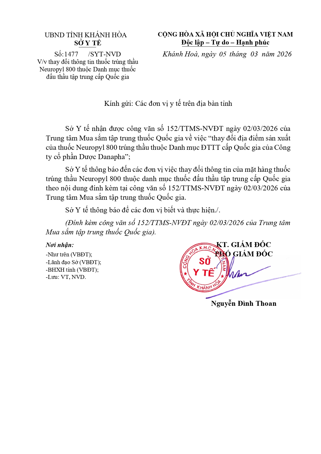V/v thay đổi thông tin thuốc trúng thầu Neuropyl 800 thuộc Danh mục thuốc đấu thầu tập trung cấp Quốc gia